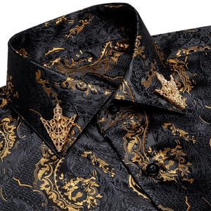 Mens Business Drail Shirts Black Gold Formele knop-down Collar Social Slim Fit Shirt Spring Man Casual Blouse 240415