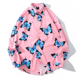 Camisas de playa hawaianas con estampado de mariposa para hombre, ropa de calle Harajuku, Blusa de manga larga de verano 2020, camisetas rosas Unisex de hip hop