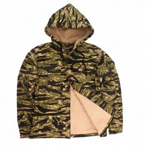 Hommes Camoue Sweat à capuche Cott Veste tactique militaire Gold Tiger Stripe lâche épais polaire uniforme décontracté plusieurs poches manteau K71r #