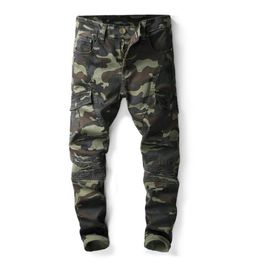Heren Camouflage Vouw Skinny Jeans Modeontwerper Pocket Panelen Causale Camo Stretch Denim Broek Hip Hop Broek206O