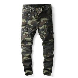 Heren Camouflage Vouw Skinny Jeans Modeontwerper Zakpanelen Causale Camo Stretch Denim Broek Hip Hop Broek2730