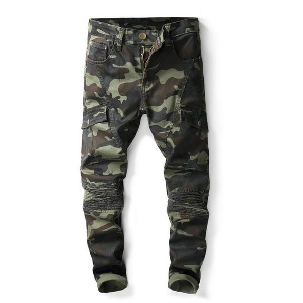 Hommes Camouflage pli jean moulant créateur de mode poche lambrissé casual Camo Stretch Denim pantalon Hip Hop pantalon 2529