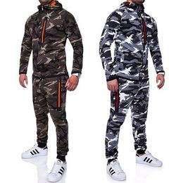 Survêtements pour hommes Hommes Camouflage Veste Ensembles Imprimé 2 Pcs Sportwear Homme Top Pantalon Costumes À Capuche À L'extérieur Manteau Pantalon