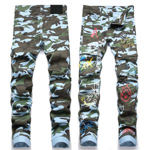 Heren camouflage jeans denim lange broek skinny fit slanke heren stretch biker Jean ontwerper patchwork patroon geschilderd broek maat 29-38 groen