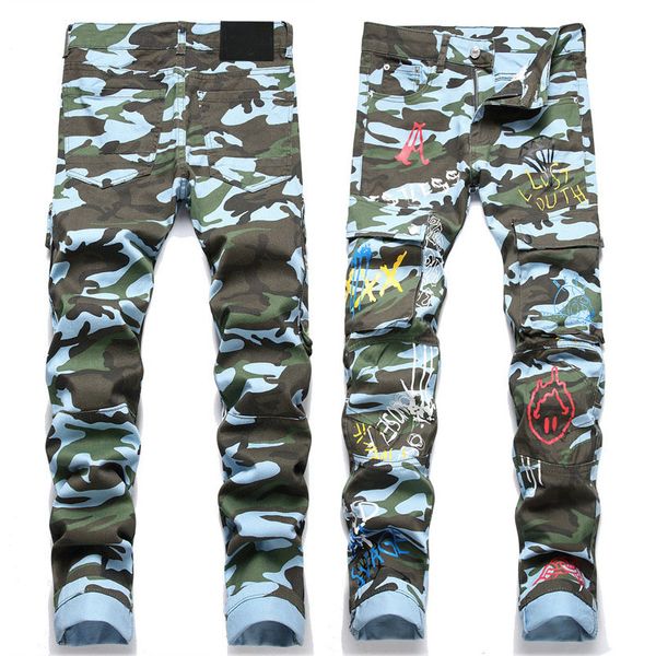 Pantalones vaqueros de camuflaje para hombre Pantalones largos de mezclilla Corte ajustado Estiramiento para hombre delgado Biker Jean Diseñador Patrón de retales Pantalón pintado Tamaño 29-38 Verde