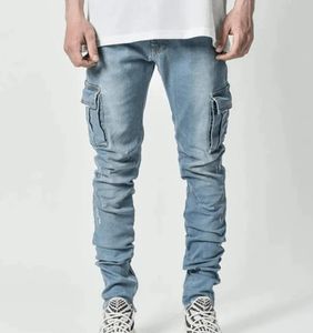 Jeans Cargo pour hommes, pantalon en Denim de coton décontracté, multi-poches, mode Hihg Street, pantalon crayon avec poches latérales