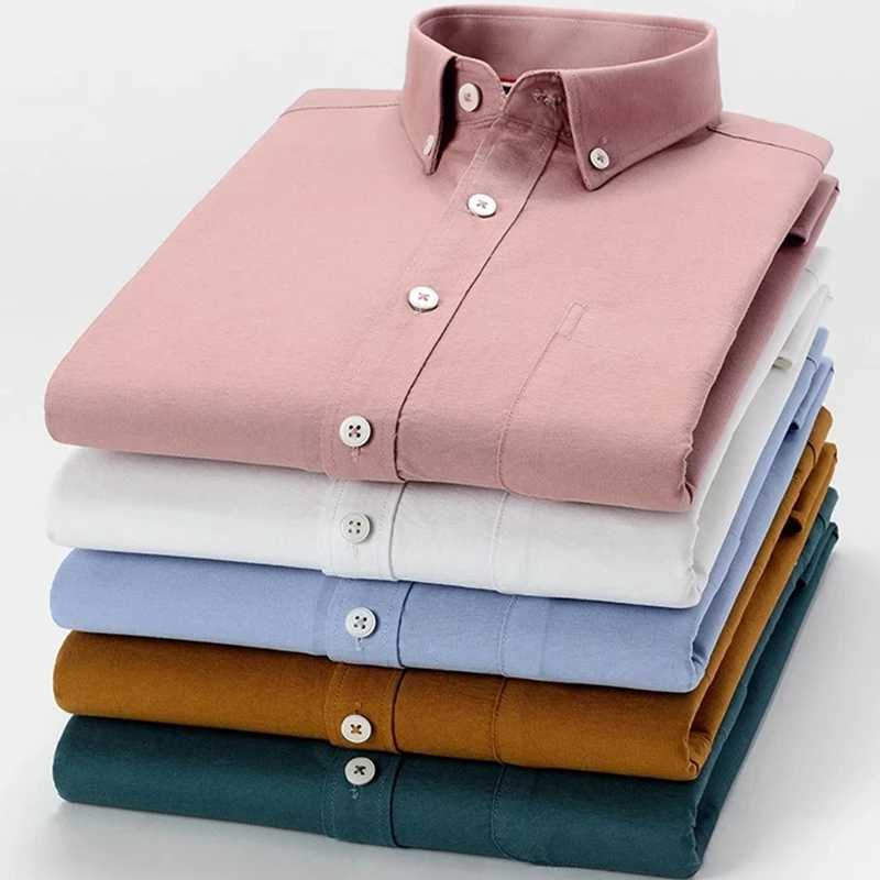 Mens Casual 100% Cotton Oxford Solid Dress Shirt Single Patch Pocket Long Sleeve Standard-Fit Comfortable Button-Down Men Shirts P0812