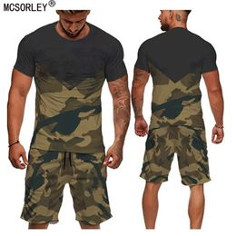 Mens Casual 2pcs Set Camuflage Verde Camiseta de manga corta Masculina Tactical Tactical Tees Shorts pantalones Pantallas Set S-6XL 240402