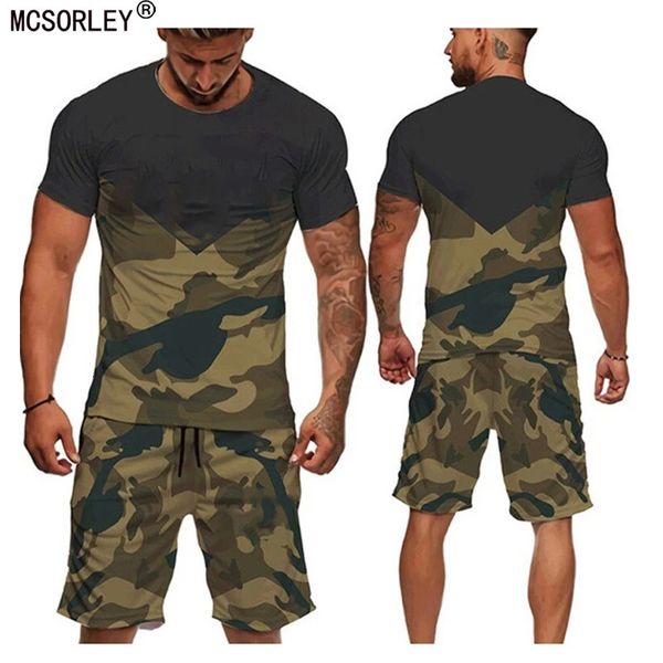 Hommes décontractés 2pcs ensemble camouflage vert à manches courtes t-shirt masculin en vrac tactique shorts pantalon de survêtement s-6xl 240402