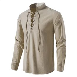 Hommes Blouse décontractée coton lin chemise hauts à manches longues t-shirt printemps automne patte inclinée Vintage Yoga chemises 240118