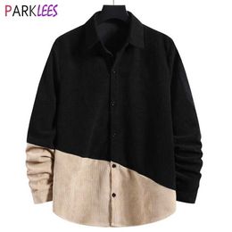 Mens Casual Corduroy Contrast Shirt Herfst Hit Color Shirt Mens Anti-rimpel Shirts Velor Engeland Stijl Gentleman 2XL 210522