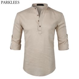 Heren casual katoen linnen henley shirt merk roll-up mouw jurk mannelijke slim fit lange camisa masculina beige 210721