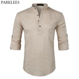 Mens Casual Katoen Linnen Henley Shirt Merk Roll-up Mouw Dress Shirt Mannelijke Slanke Fit Lange Mouw Camisa Masculina Beige 210522