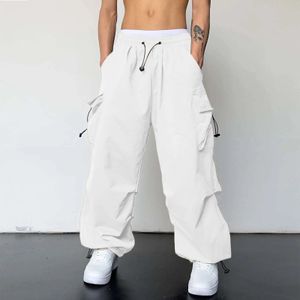 Heren Casual High Taille Solid Color Sports broek Multi Woven Pocket Foot Rope Pant Street Cargo Tie Fashion Pants 240415