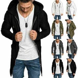 Mens Casual Hoodie Hooded Longline Zip Sweatshirt Trui Jas Uitloper Jas XL X0621