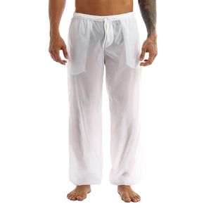 Pantalones largos casuales para hombre Color sólido Ultra-Delgado Ver a través de Cintura elástica Cordón Pantalones sueltos Hombres Ropa de playa de verano Trajes de dos piezas