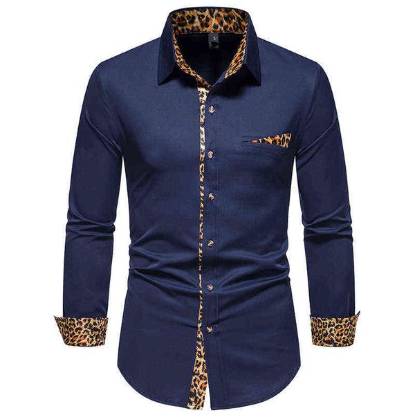 Mens casual manga larga botón abajo vestido camisas tops 2022 marca patchwork leopardo estampado camisa hombres negocios camisa casual masculino l220704