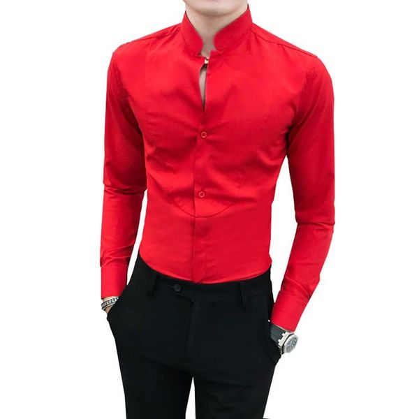 Camisa roja informal para hombre, camisas sociales simples de manga larga con cuello en V, ajustadas, con cuello levantado, esmoquin para club nocturno, caballeros