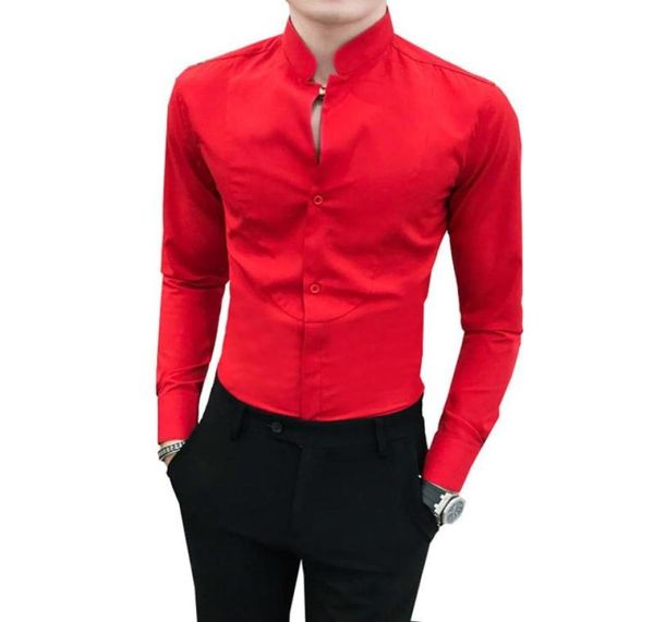 Camisa roja informal de hombres Camisas sociales simples Vneck Men Men Slim Fit Stand Collar Night Club Tuxedo Gentlemen Men039s9410182