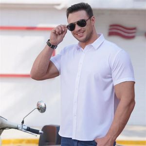 Heren Casual Shirts 2024 Zomer Mannen Korte Mouw Effen Bussiness Overhemd Mode Witte Elasticiteit Tops Kleding Kantoorkleding