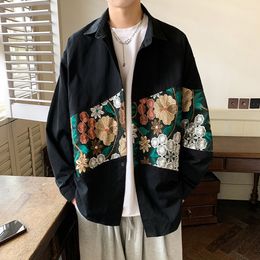 Fritidsskjortor för män Höst Vintage Broderad Blomsterskjorta Bomull Herr Fritidskläder Japanska Streetwear Lösa Hiphop Hawaiian Kläder Goth Punk 5XL Vit 230705