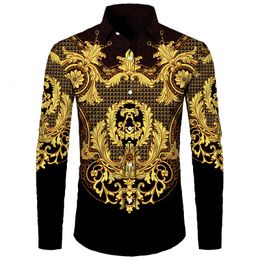 Heren Casual shirts Barokke hofstijl mannen gouden patroon lange mouw tops turn kraag kraag button shirt mode luxe sociale kleding 230214