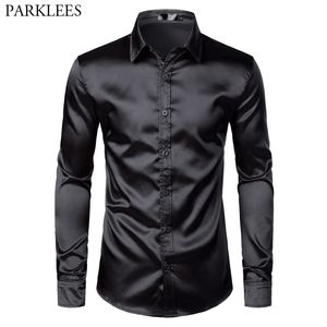 Heren Casual Shirts Zwart Satijn Luxe Jurk Zijde Glad Mannen Tuxedo Shirt Slim Fit Wedding Party Prom Chemise Homme 230614