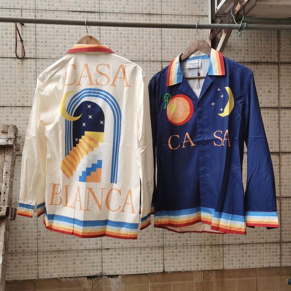 Chemises décontractées pour hommes Casablanca Aloha shirt Moon Dream Print Staircase Color Stripe Chemise à manches longues Wear 230718