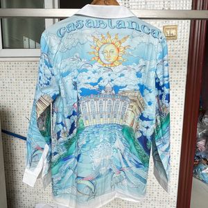 Heren casual shirts Casablanca shirt hoge kwaliteit blauwe hemel witte wolk vliegende vis vliegtuigen alfabet print Hawaiian mannen vrouwen lange mouwen 230726