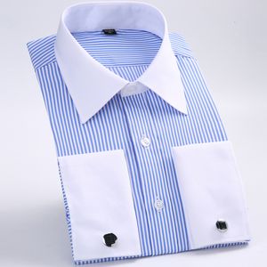 Mens Casual Shirts Classic French Cuffs Striped Dress Shirt Single Patch Pocket Standardfit Long Sleeve Wedding Cufflink Included 230130