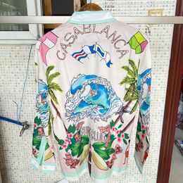 Heren Casual Shirts Kleurrijk Casablanca SURF CLUB Lange mouw dunne zijde Hawaiian Beach Coconut Scene Impression Print Shirt Oversized 230718