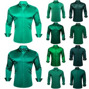 Heren Casual shirts Designer voor mannen Silk Satin Dark Green Teal Solid Long Sleeve Button Down Collar Male Blouses Slim Fit Tops Barry Wang 230815