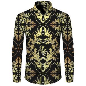 Casual overhemden voor heren Mode Gouden bloem 3D-print Heren overhemden met knopen Barokke stijl Kraag met lange mouwen Tops Casual sociale feestkleding 230202