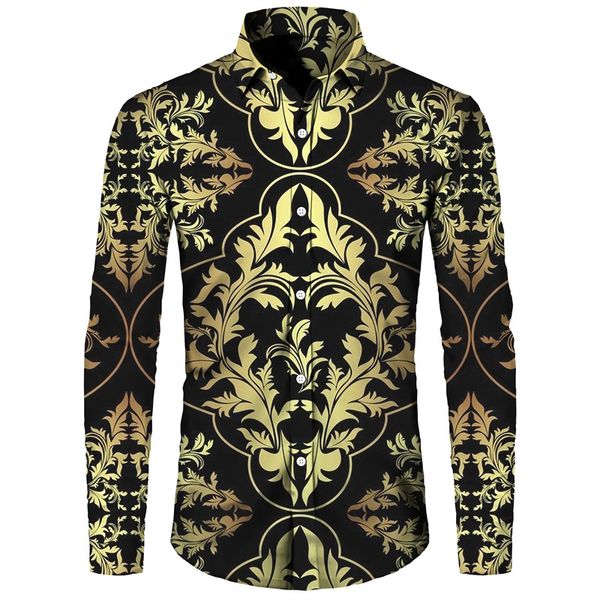 Chemises décontractées pour hommes Mode fleur dorée impression 3D chemises boutonnées pour hommes Style baroque col rabattu à manches longues hauts décontracté vêtements de fête sociale 230202