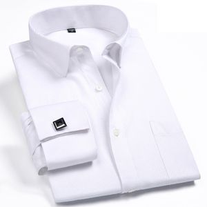 Hommes chemises décontractées boutons de manchette français affaires sergé à manches longues col blanc robe chemise grande taille hommes haut rayé 230905