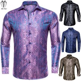 Heren Casual Shirts Hitie Brand Silk Slim Fit Gold Blue Red Beige Bourgundy Pink Purple Purple Gray Shirt For Men Hoge kwaliteit 230208