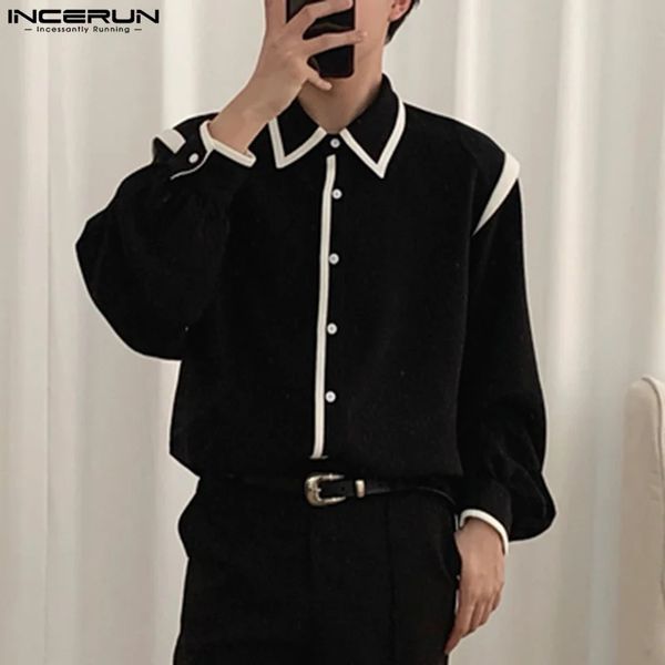 Hommes Casual Shirts INCERUN Tops Style Coréen Hommes Noir Blanc Couleur Blouse Mode Bien Ajusté Épissage À Manches Longues Revers Boutons S5XL 231017