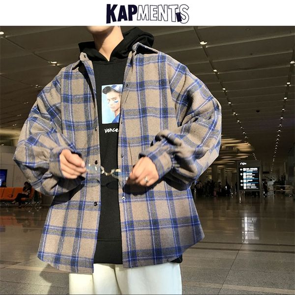Chemises décontractées pour hommes KAPMENTS Harajuku Chemise à carreaux en flanelle surdimensionnée Vintage Chemises de rue japonaises à manches longues Blouses de mode coréenne 5XL 220829