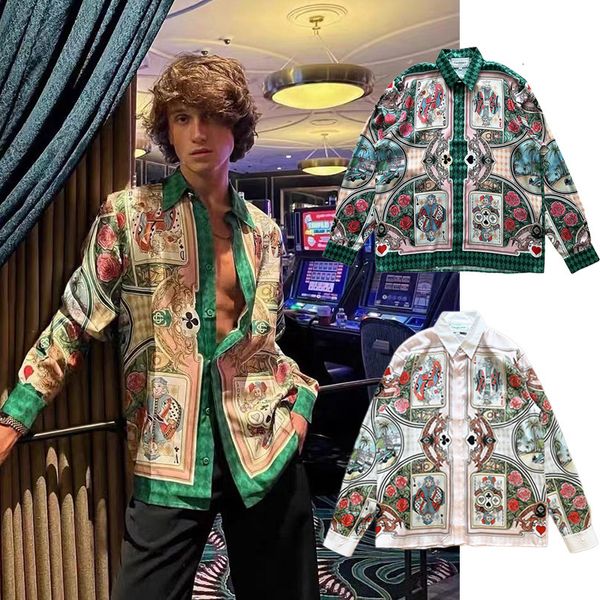 Camisas informales para hombre, camisa suave de seda grande de Casablanca, camiseta larga hawaiana con estampado de rosas de carreras de cartas de juego de alta calidad 230718