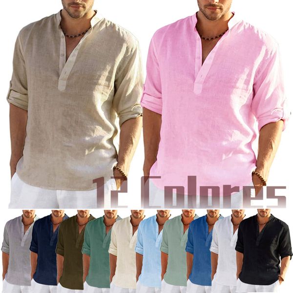 Chemises décontractées pour hommes T-shirt à manches longues en lin Couleur unie Chemise ample en coton 230607