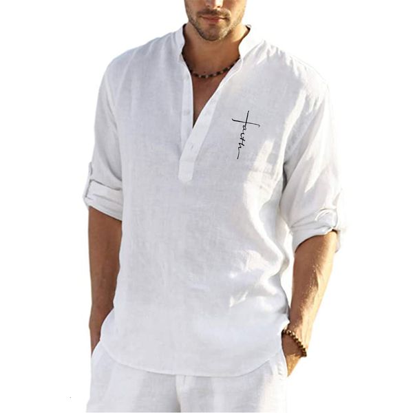 Chemises décontractées pour hommes lin à manches longues solide col debout décontracté plage haute qualité hommes croisés t-shirt 230718