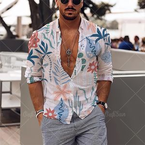 Heren Casual Shirts Lange Mouwen Revers Shirt Bloemen Plant Print Hawaiian Streetwear Mannelijke Kleding Losse Tops Mannen 230726