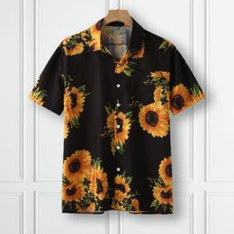 Hommes chemises décontractées hommes tournesol imprimer été coloré à manches courtes bouton lâche chemise hawaïenne revers cou Blouse Camisas 230614