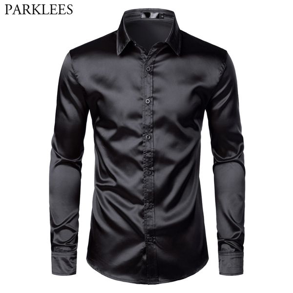 Mens Casual Shirts Hommes noir Satin luxe robe chemises soie lisse hommes smoking Chemise Slim Fit fête de mariage bal décontracté Chemise Homme 230323