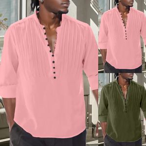 Heren Casual shirts Mens vier seizoenen rond kraag knop geplooide vaste kleur lange mouw shirt streetwear shirts 230815