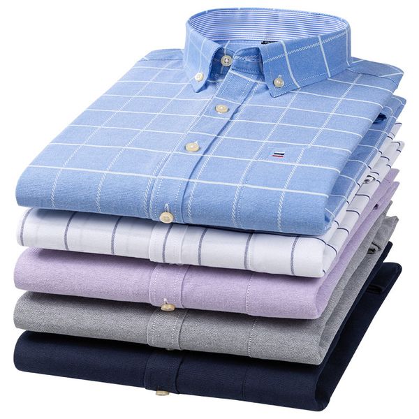 Camisas casuales para hombre Oxford Hombres Moda 100% Algodón Fino Manga larga Delgado Color sólido Estampado a cuadros Raya Camisa de vestir formal Plus 7XL 6XL 230614