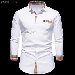 Camisas casuales para hombre PARKLEES 2022 Otoño Plaid Patchwork Formal para hombres Slim Manga larga Blanco Botón Up Shirt Vestido Oficina de negocios Camisas