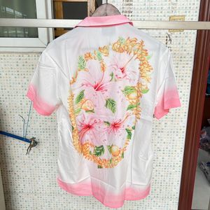 Mens Casual Shirts Roze Gradiënt Casablanca Shirt Bloemenprint Hawaiian Mode Losse Paar Hoge Kwaliteit Korte Mouw 230718