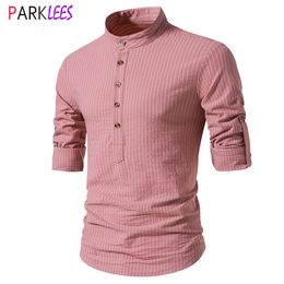 Casual shirts van de heren roze verticale gestreepte Henley Men Merk Rol Sleeve 100% katoenen jurk Button Down Chemise 2xl 230815