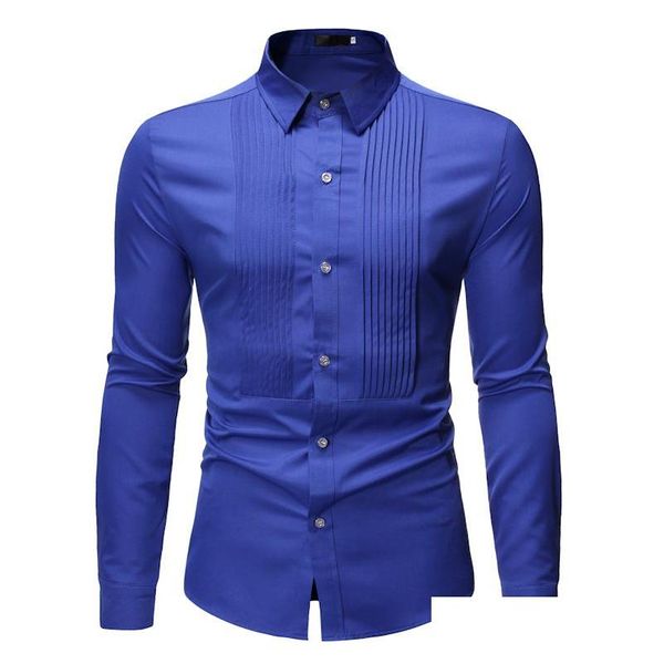 Chemises décontractées pour hommes Chemise de smoking bleu royal pour hommes Marque Mode Slim Fit Manches longues Col rabattu Robe Drop Livraison Vêtements Clo Dhgrx